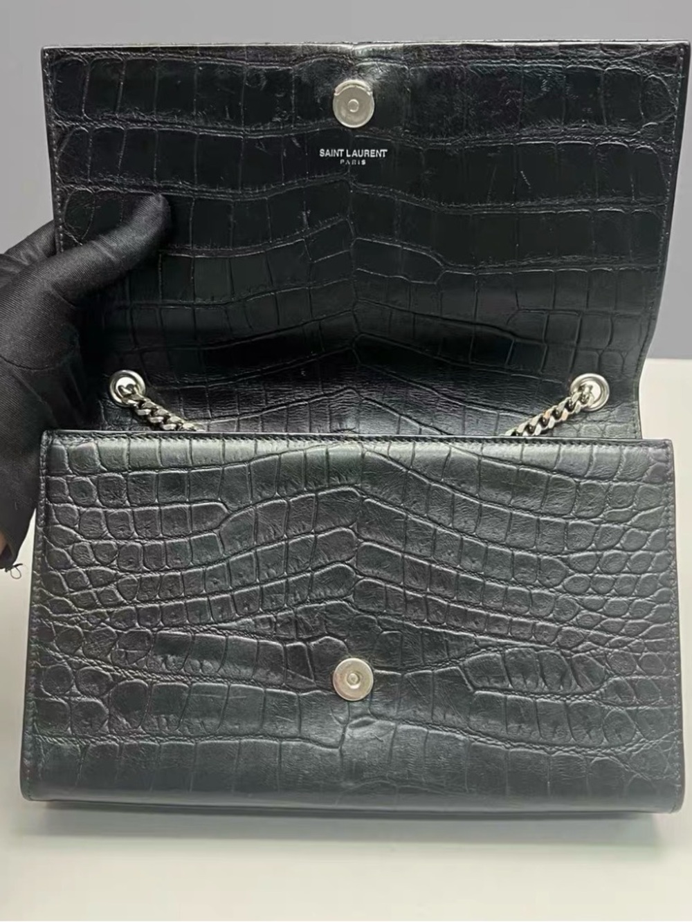 Saint Laurent Black Croc-Embossed Leather Tassel Chain Shoulder Bag - Picture 7 of 9